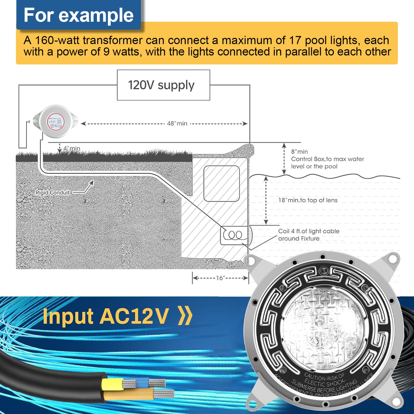 Pool Lights for Inground Pool, 6 Inch LED RGBW Color Changing Inground Pool and Spa Light, IP68 Waterproof Pool Lights for Above Ground Pools, 12V AC, 50ft Cord, Remote Control, Pool Niche Included