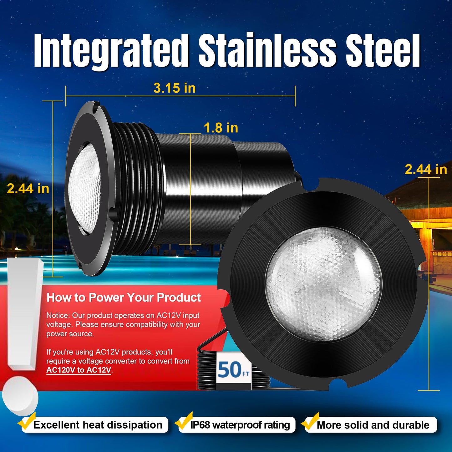 Nicheless Pool Lights for Inground Pool, 1.5 Inch LED RGBW Pool & Spa Lights, IP68 Waterproof, AC12V 18W, Remote Control, Powered by Bridgelux LED Chips, Replacement for Pentair, Hayward & Jandy