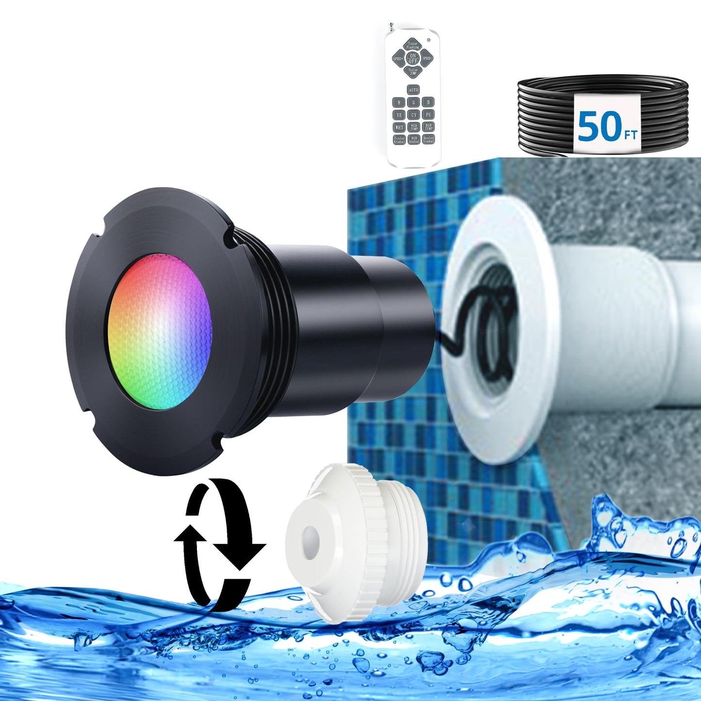 Nicheless Pool Lights for Inground Pool, 1.5 Inch LED RGBW Pool & Spa Lights, IP68 Waterproof, AC12V 18W, Remote Control, Powered by Bridgelux LED Chips, Replacement for Pentair, Hayward & Jandy