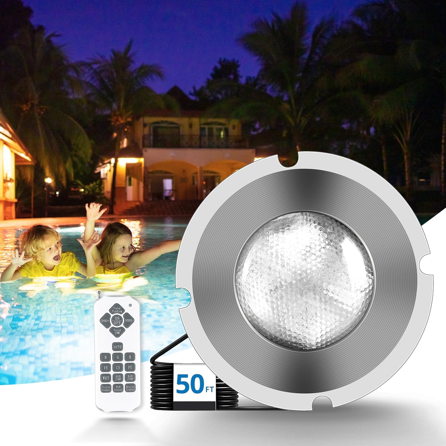 Pool Lights for Inground Pool, 1.5 Inch LED Color Inground Pool & Spa Light, IP68 Waterproof Nicheless Pool Lights, AC12V, 50 ft Cord, Remote Control