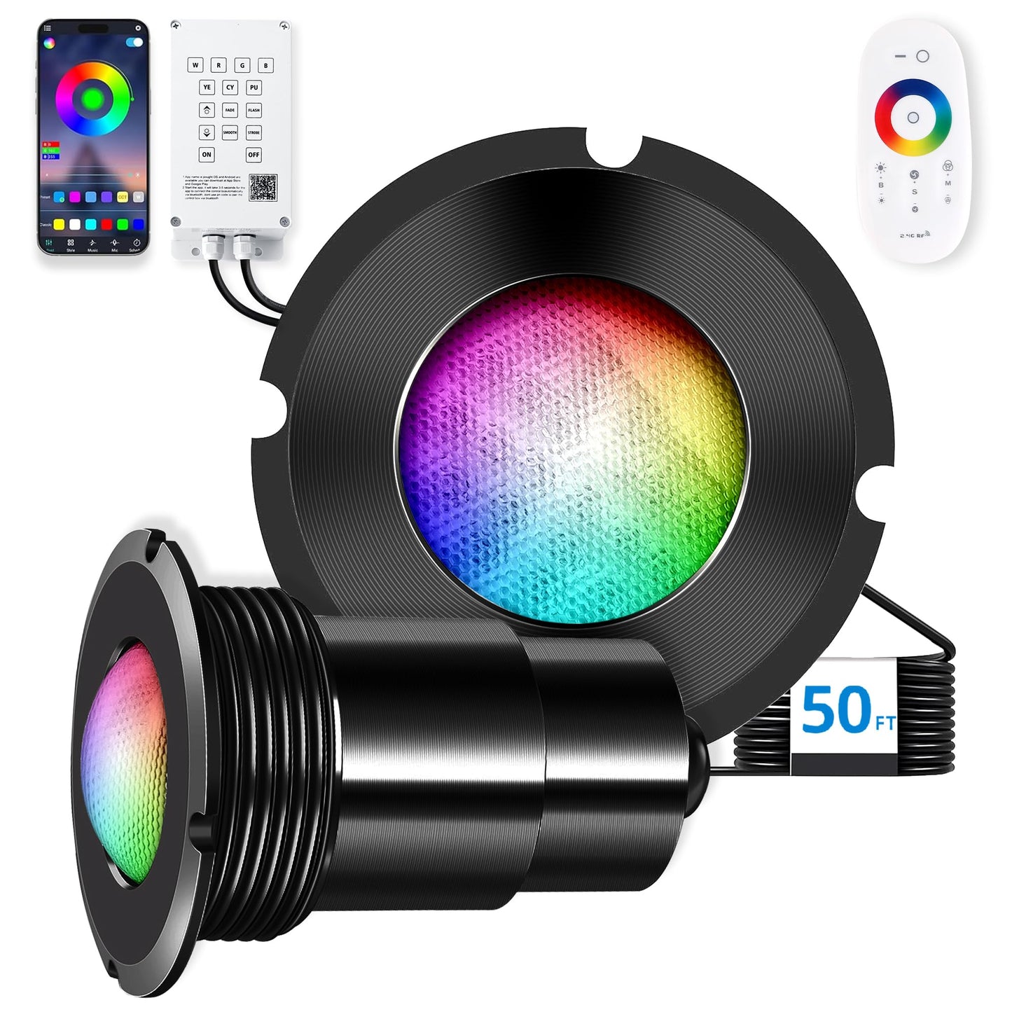 Zenhagu Nicheless Pool Lights, 1.5 Inch LED RGBW Multicolor Inground Pool Light and Spa Light, IP68 Waterproof, AC 120V, 50ft Cable with Controller, APP & Remote Control