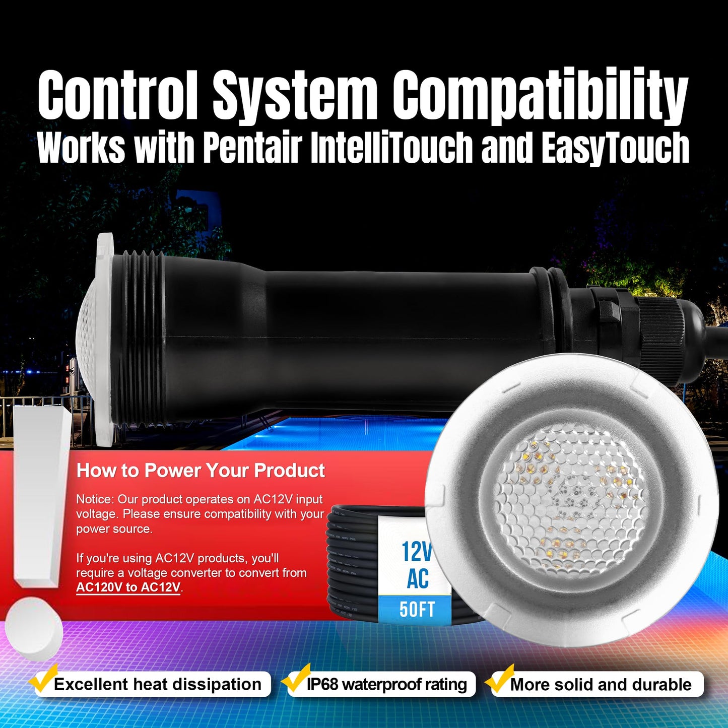 Jeavle Pool Lights for Inground Pool, Direct Replacement for Pentair GloBrite, 1.5 Inch LED Color Inground Pool & Spa Light, IP68 Waterproof, AC12V, 50 ft Cord
