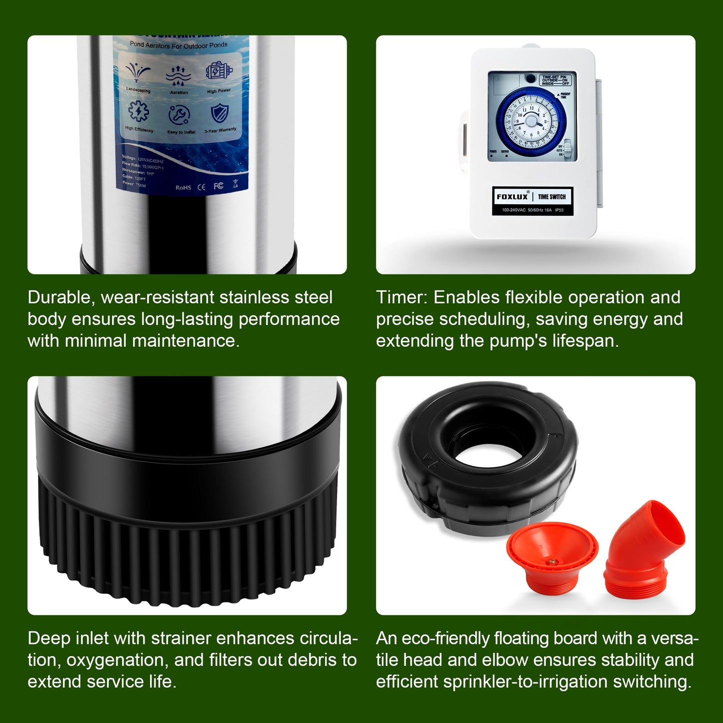 Pond Fountain Aerator 750W, 1HP 15000 GPH Floating Aerating Pump with Stainless Steel Body, 120ft Power Cord & Multifunctional Timer for Small & Large Ponds & Lakes (120V)