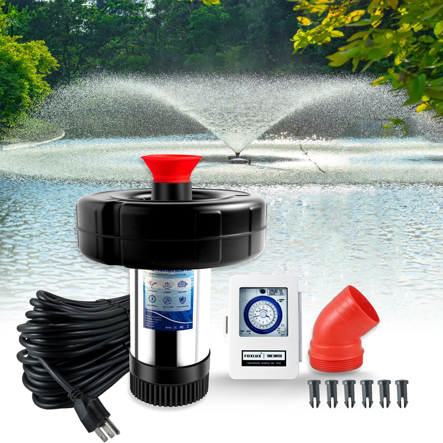 Pond Fountain Aerator 750W, 1HP 15000 GPH Floating Aerating Pump with Stainless Steel Body, 120ft Power Cord & Multifunctional Timer for Small & Large Ponds & Lakes (120V)