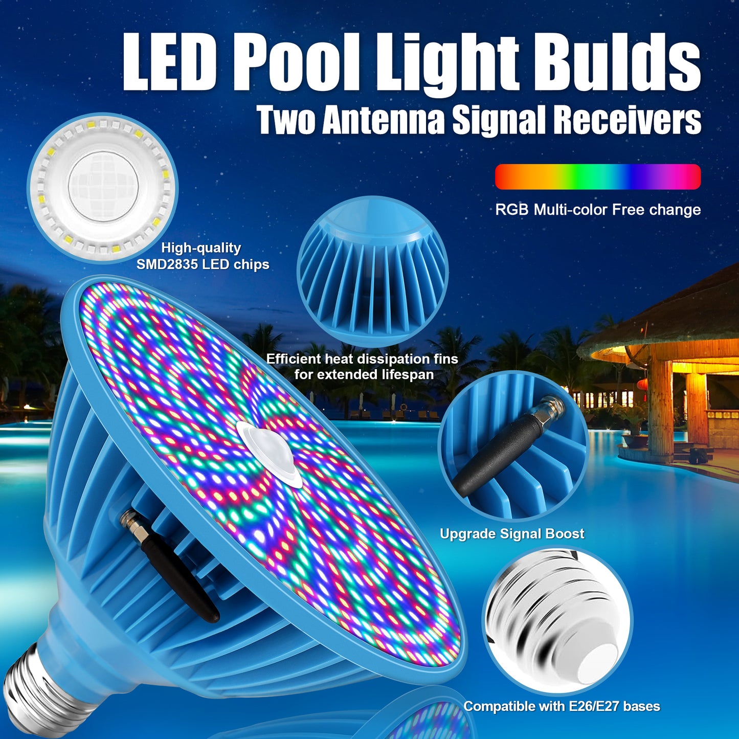 Pool Lights for Inground Pool, Led Pool Light Bulb, 120V 50W RGBW Color Changing Underwater Pool Light with Remote Control, E26 Replacement for Pentair Hayward Fixture, 500W Equivalent
