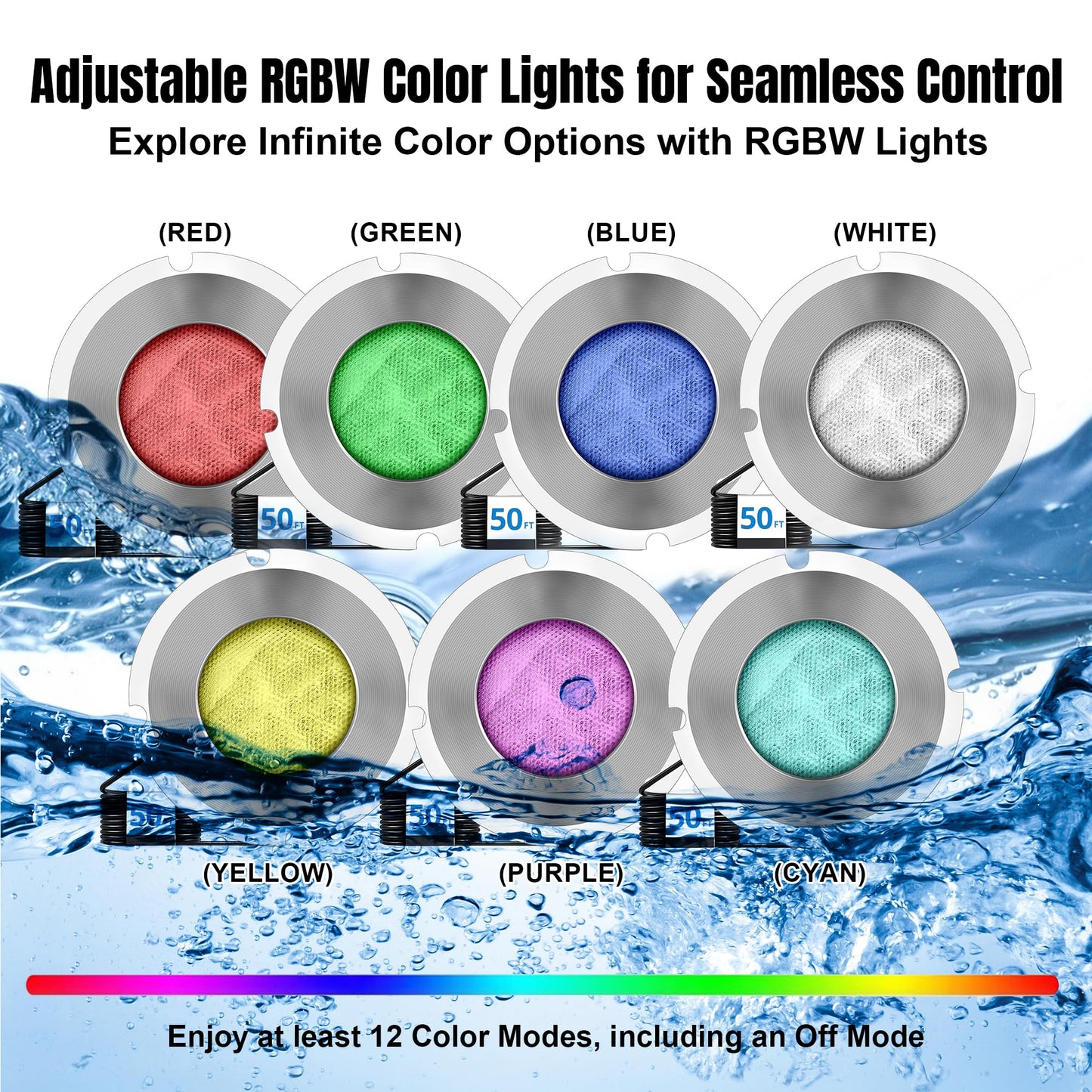 Pool Lights for Inground Pool, 1.5 Inch LED Color Inground Pool &amp; Spa Light, IP68 Waterproof Nicheless Pool Lights, AC12V, 50 ft Cord, Remote Control