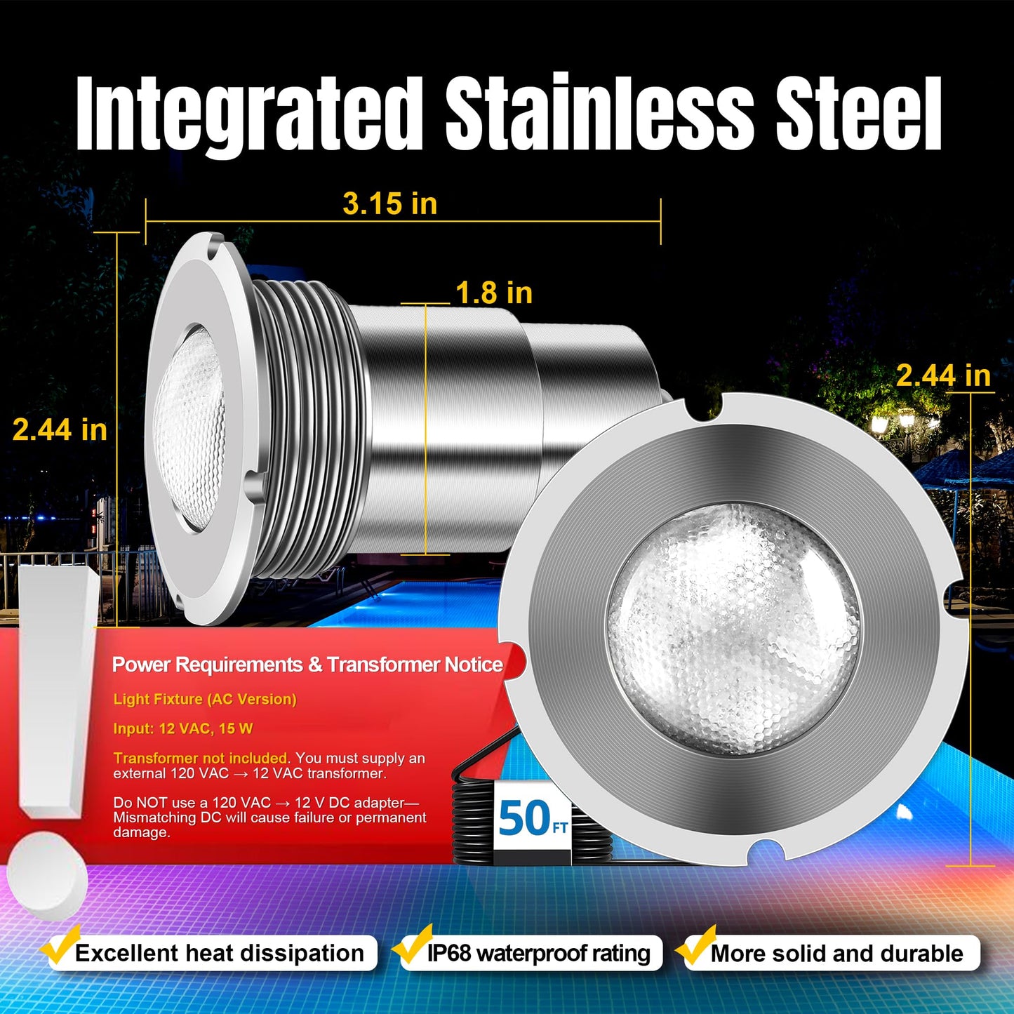 Pool Lights for Inground Pool, 1.5 Inch LED Color Inground Pool &amp; Spa Light, IP68 Waterproof Nicheless Pool Lights, AC12V, 50 ft Cord, Remote Control