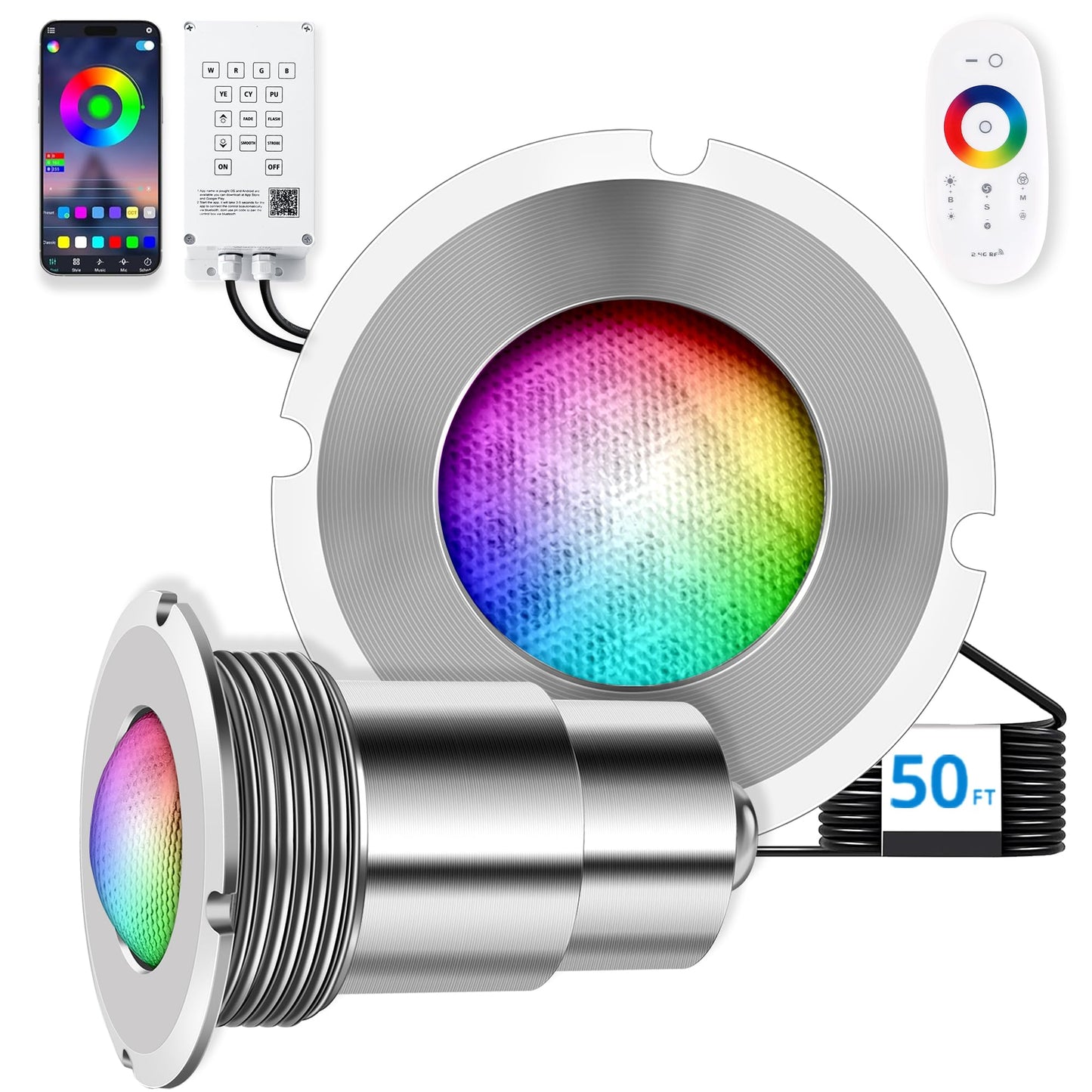 1.5 Inch LED RGBW Multicolor Inground Pool Light and Spa Light, IP68 Waterproof, AC 120V, 50ft Cable with Controller, APP & Remote Control