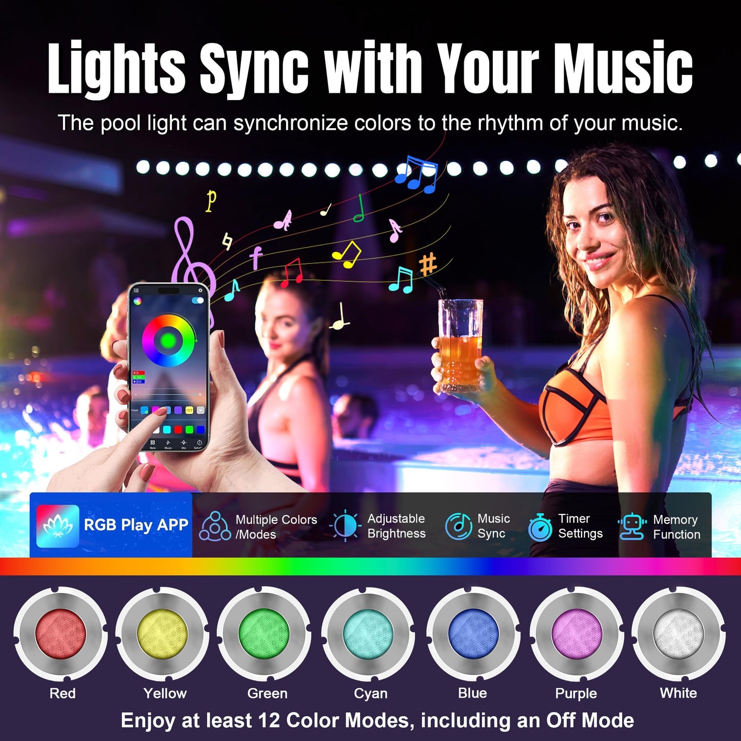 1.5 Inch LED RGBW Multicolor Inground Pool Light and Spa Light, IP68 Waterproof, AC 120V, 50ft Cable with Controller, APP & Remote Control