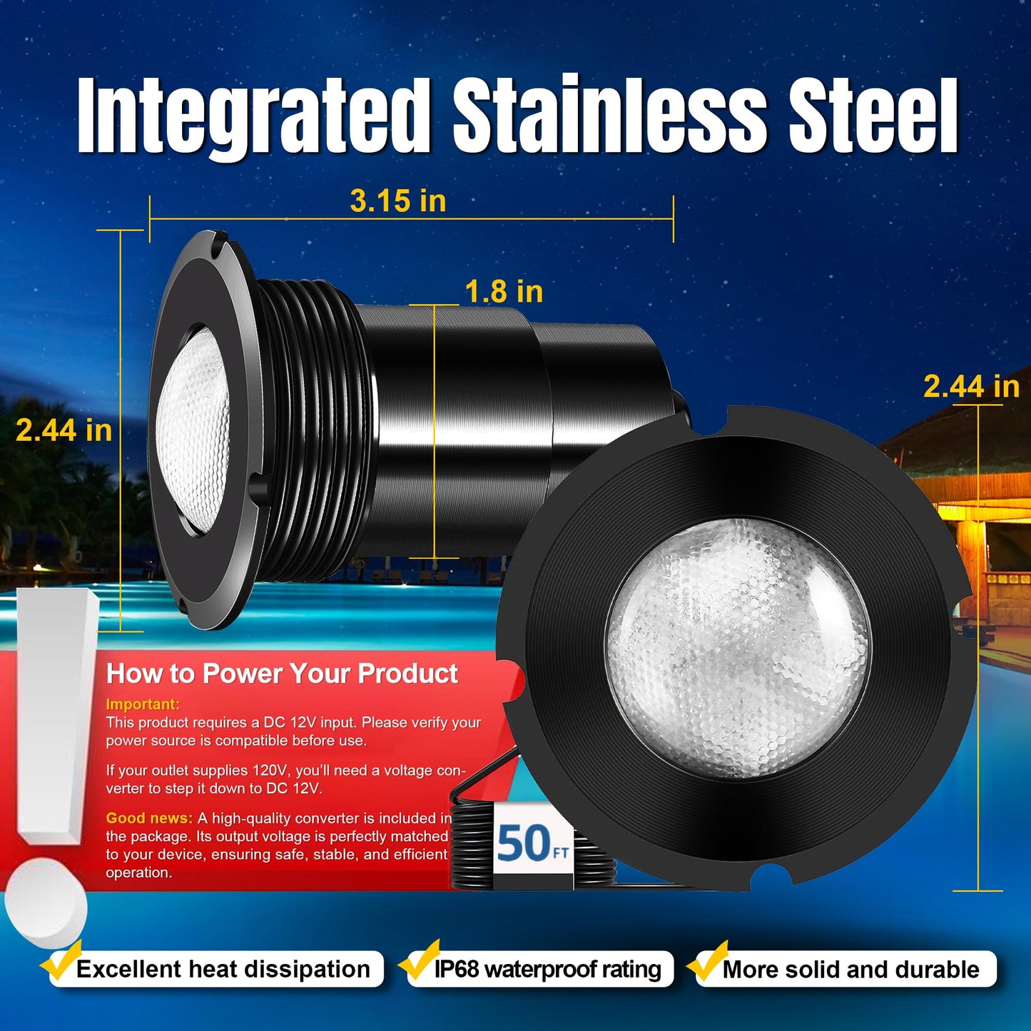 Zenhagu Nicheless Pool Lights, 1.5 Inch LED RGBW Multicolor Inground Pool Light and Spa Light, IP68 Waterproof, AC 120V, 50ft Cable with Controller, APP & Remote Control