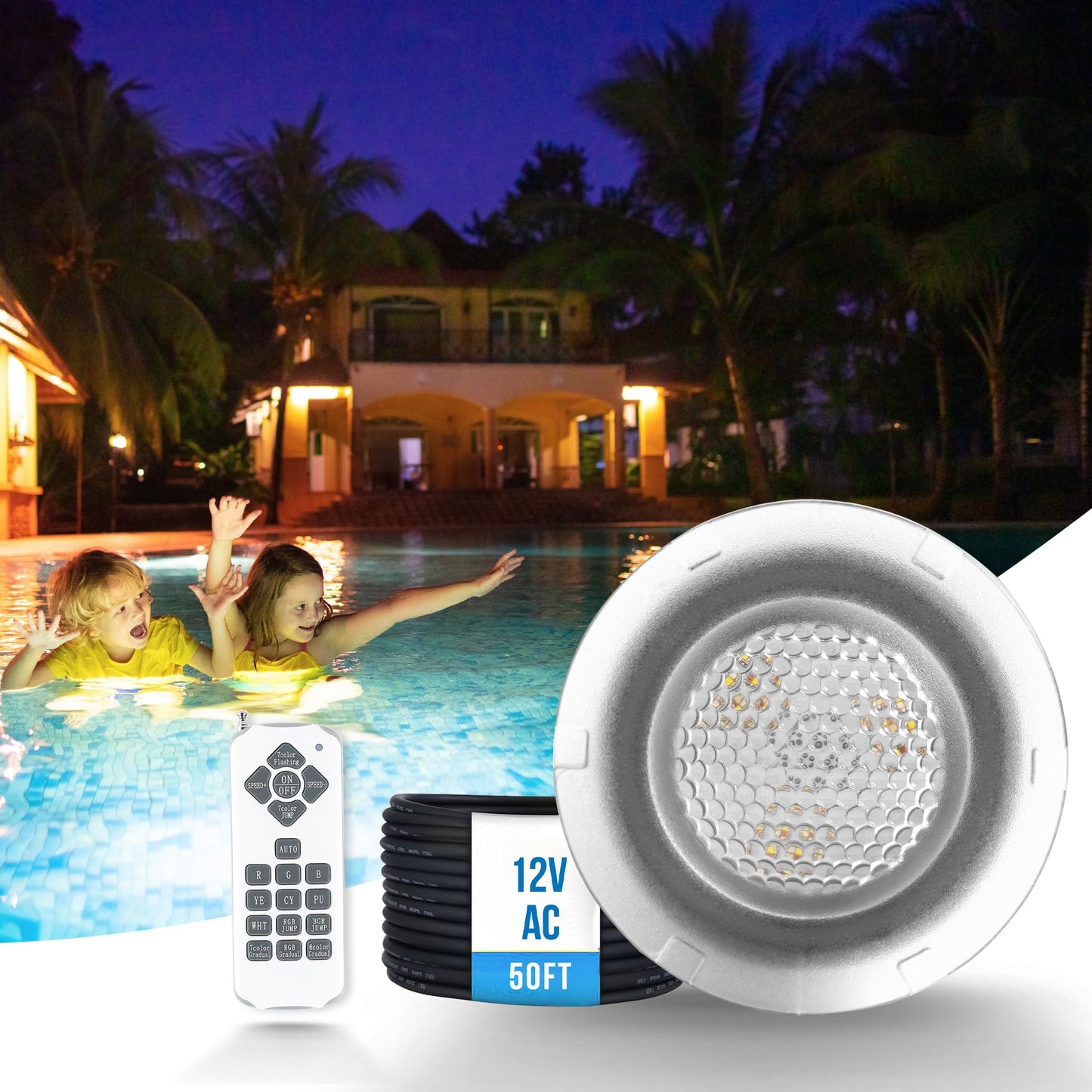 Jeavle Pool Lights for Inground Pool, Direct Replacement for Pentair GloBrite, 1.5 Inch LED Color Inground Pool & Spa Light, IP68 Waterproof, AC12V, 50 ft Cord