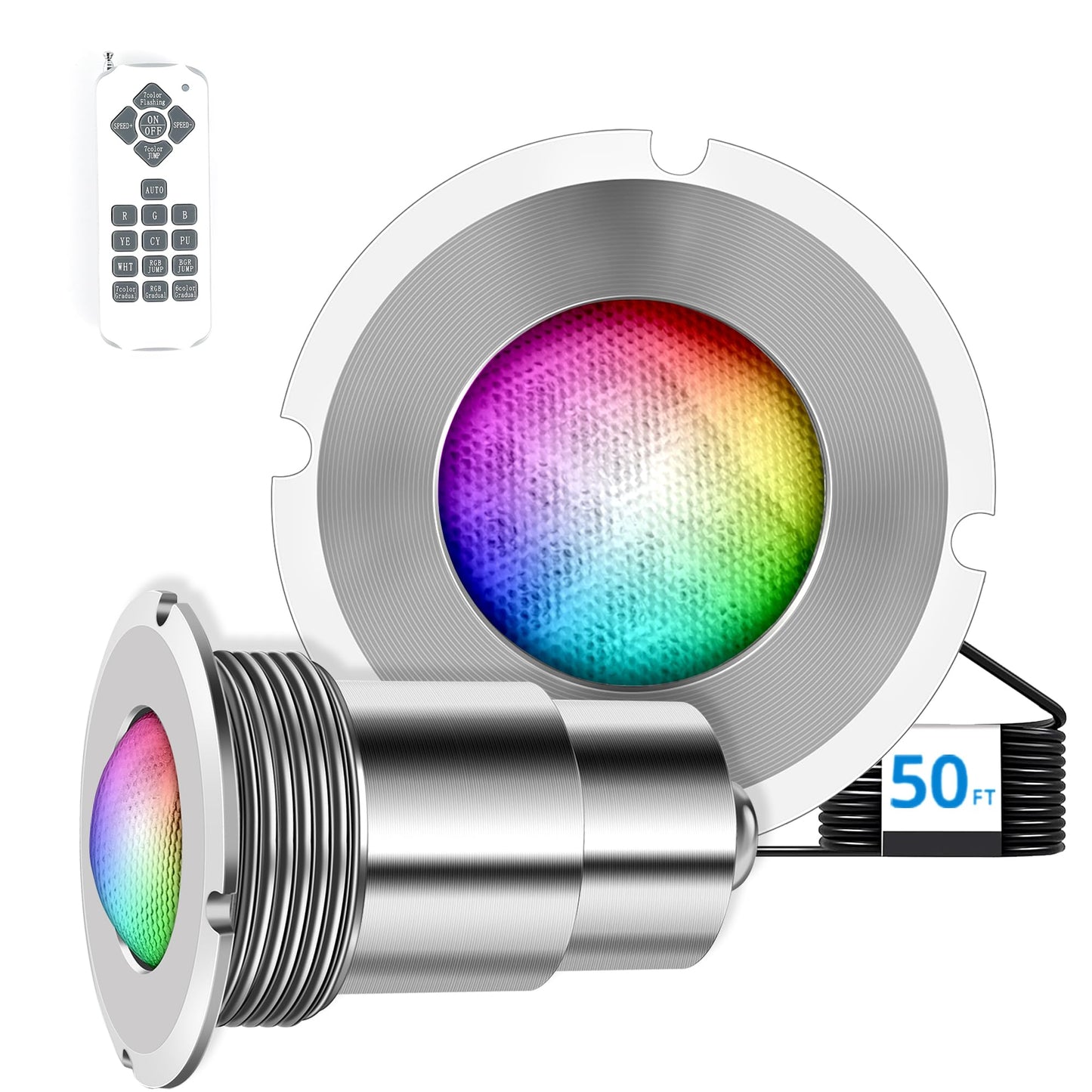 Pool Lights for Inground Pool, 1.5 Inch LED Color Inground Pool &amp; Spa Light, IP68 Waterproof Nicheless Pool Lights, AC12V, 50 ft Cord, Remote Control