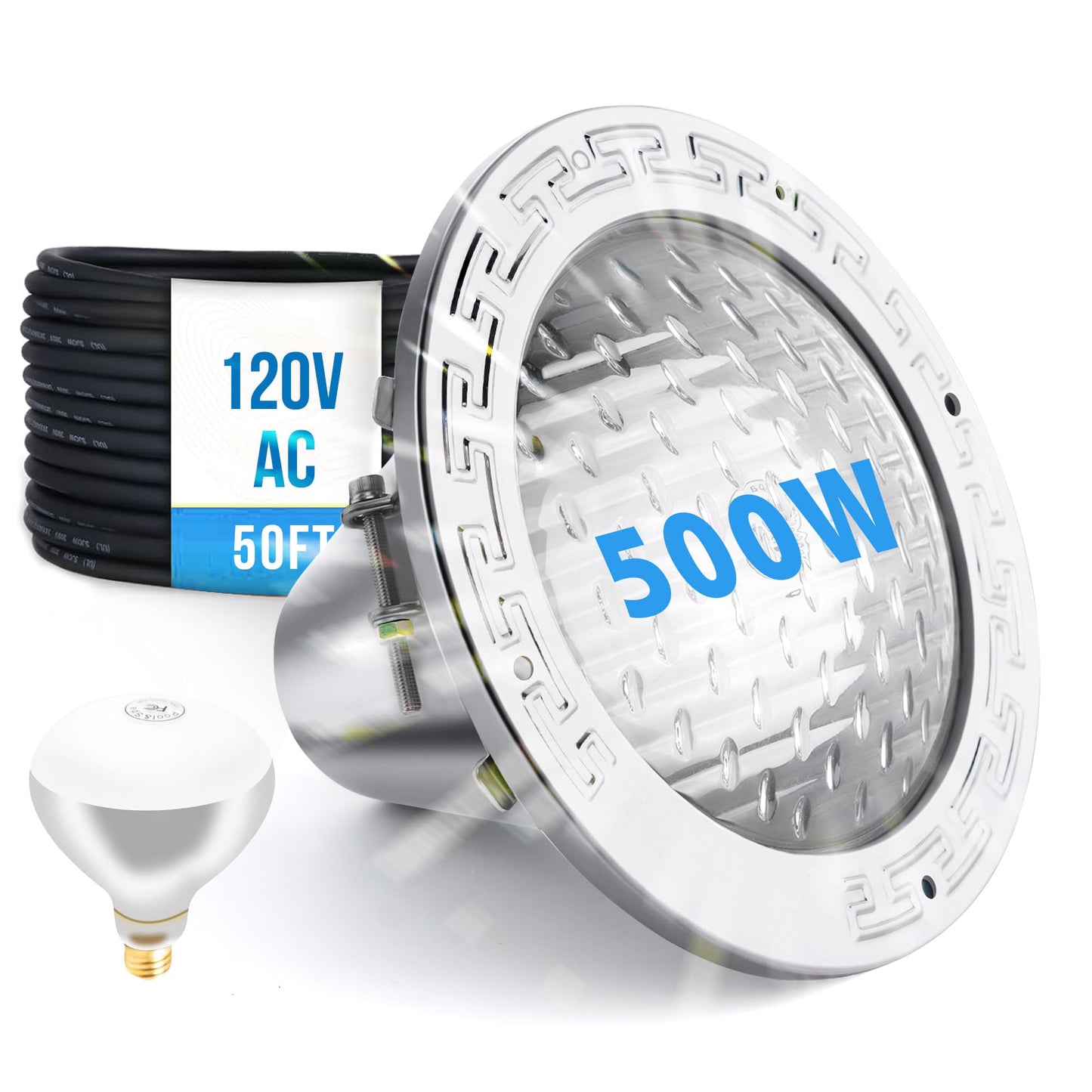 120V 10-Inch Pool Light for Inground Pools, IP68 Waterproof Pool Lights, Includes 2 x 500W Incandescent Bulbs, 50ft Cord - Direct Replacement Pentair Amerlite & Hayward AstroLite, Fits 10'' Pool Niche