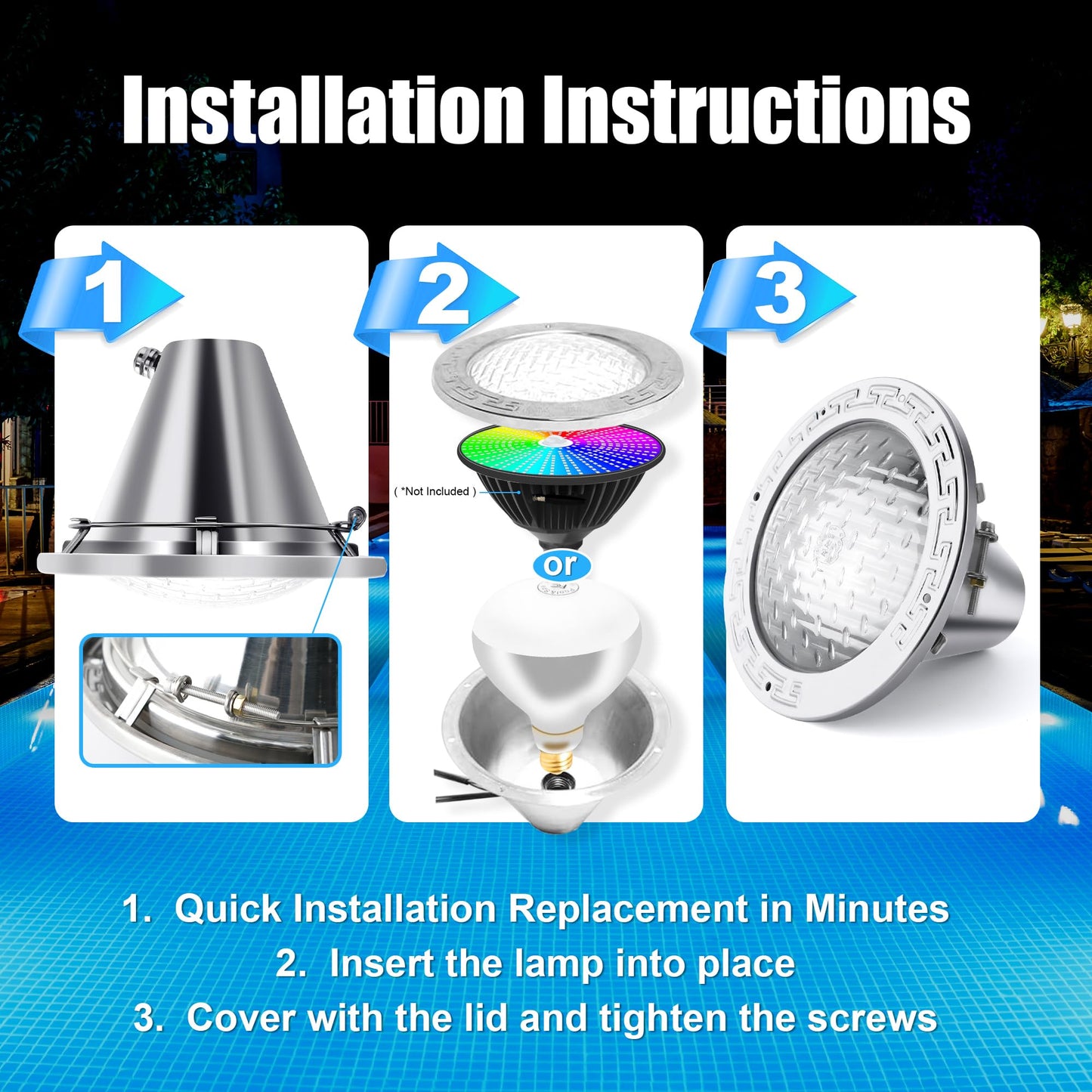 120V 10-Inch Pool Light for Inground Pools, IP68 Waterproof Pool Lights, Includes 2 x 500W Incandescent Bulbs, 50ft Cord - Direct Replacement Pentair Amerlite & Hayward AstroLite, Fits 10'' Pool Niche