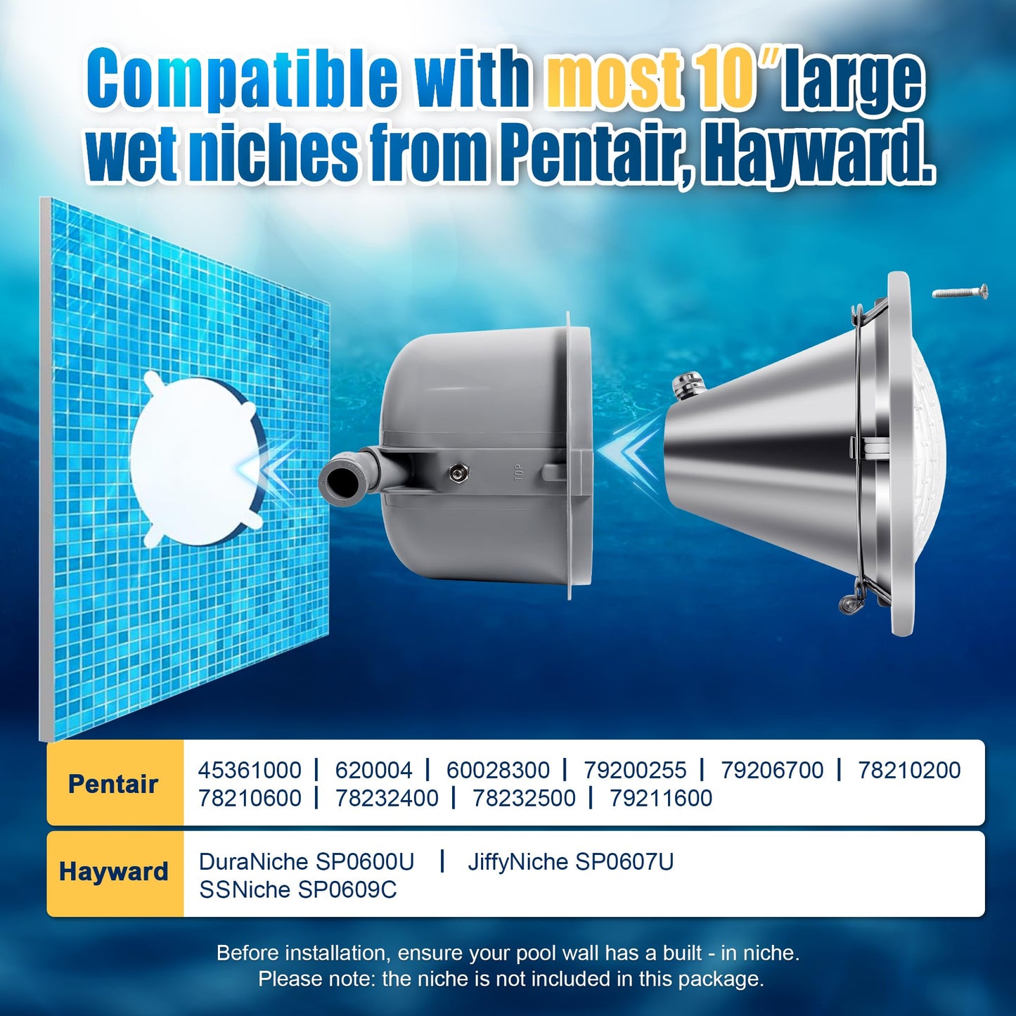 120V 10-Inch Pool Light for Inground Pools, IP68 Waterproof Pool Lights, Includes 2 x 500W Incandescent Bulbs, 50ft Cord - Direct Replacement Pentair Amerlite & Hayward AstroLite, Fits 10'' Pool Niche