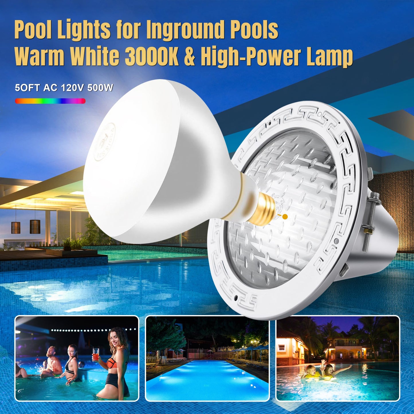 120V 10-Inch Pool Light for Inground Pools, IP68 Waterproof Pool Lights, Includes 2 x 500W Incandescent Bulbs, 50ft Cord - Direct Replacement Pentair Amerlite & Hayward AstroLite, Fits 10'' Pool Niche
