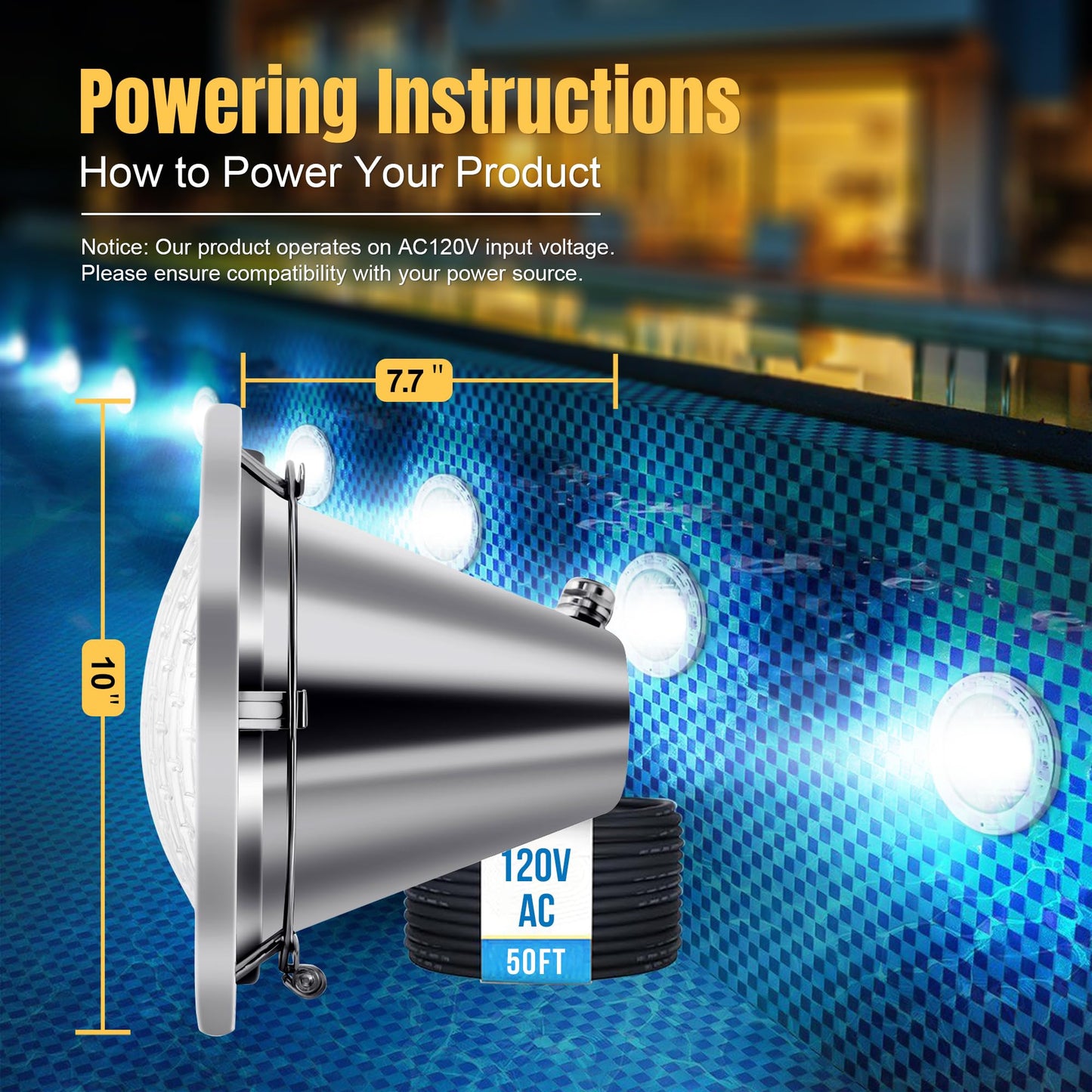 120V 10-Inch Pool Light for Inground Pools, IP68 Waterproof Pool Lights, Includes 2 x 500W Incandescent Bulbs, 50ft Cord - Direct Replacement Pentair Amerlite & Hayward AstroLite, Fits 10'' Pool Niche