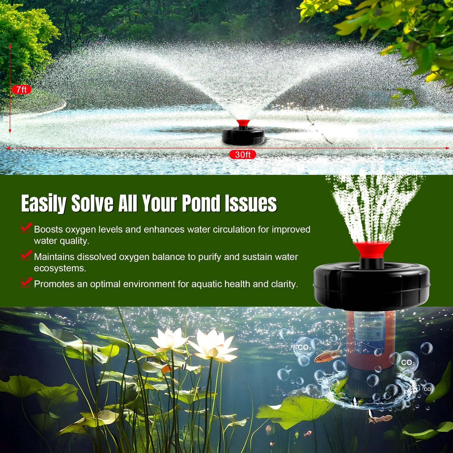 Pond Fountain Aerator 750W, 1HP 15000 GPH Floating Aerating Pump, 120ft Power Cord for Small & Large Ponds & Lakes (120V)