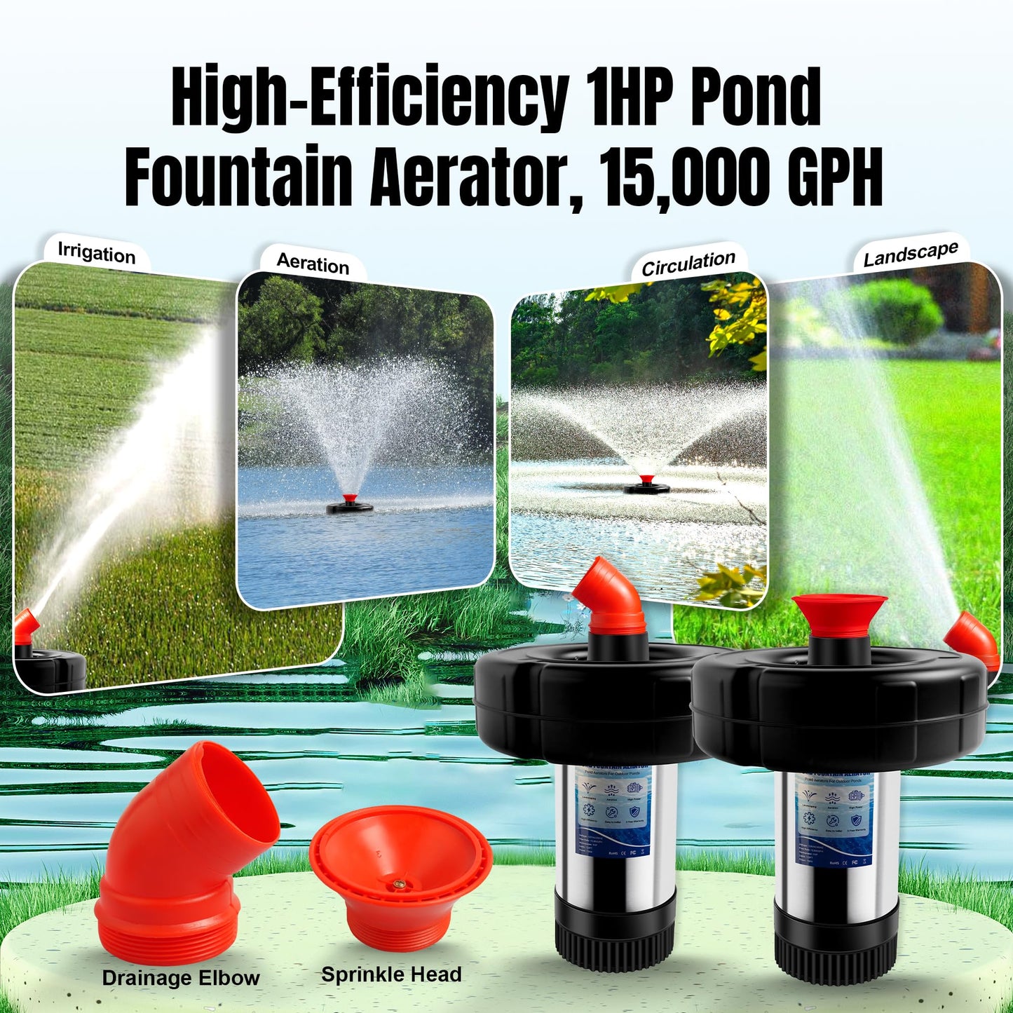 Pond Fountain Aerator 750W, 1HP 15000 GPH Floating Aerating Pump with Stainless Steel Body, 120ft Power Cord & Multifunctional Timer for Small & Large Ponds & Lakes (120V)