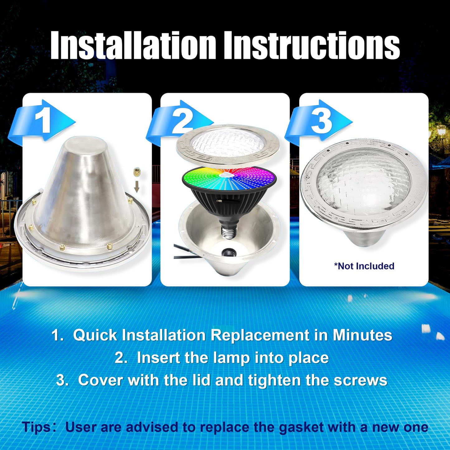 Pool Lights for Inground Pool, Led Pool Light Bulb, 120V 65W RGBW Color Changing Underwater Pool Light with Remote Control, E26 Replacement for Pentair Hayward Fixture, 500W Equivalent