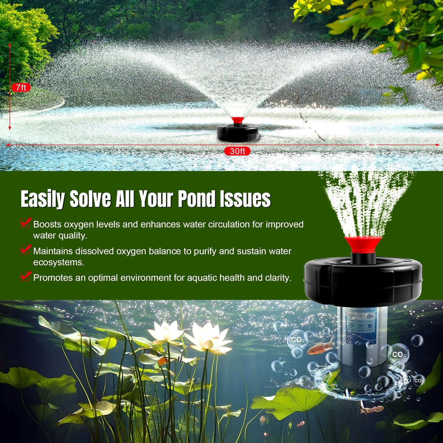 Pond Fountain Aerator 750W, 1HP 15000 GPH Floating Aerating Pump with Stainless Steel Body, 120ft Power Cord & Multifunctional Timer for Small & Large Ponds & Lakes (120V)