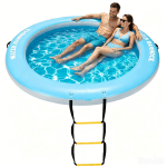 Round Floating Ring Inflatable Water Hammock 8FT & Floating Dock – Adult Air Platform & Island Raft Mat, Sunbathing, Swim Platform, Detachable Ladder & Carry Bag